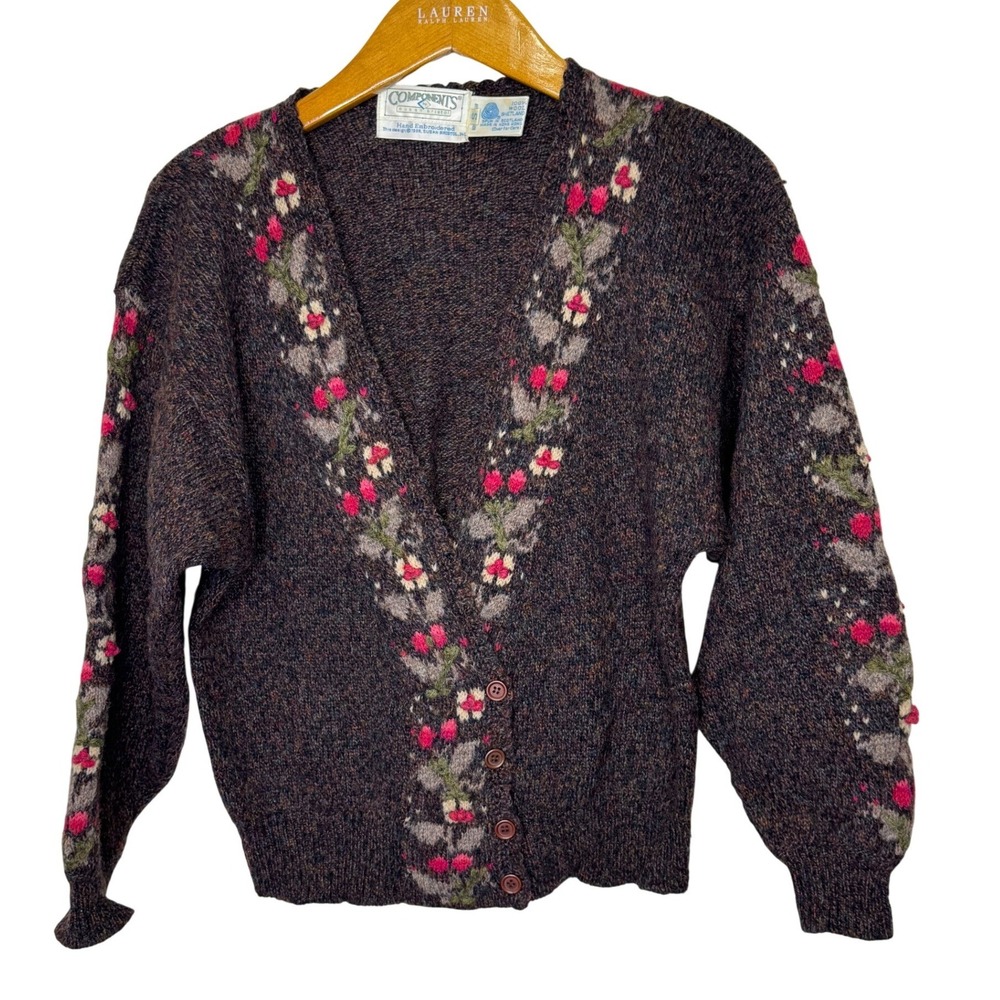 Vintage Components by Susan Bristol Wool Cardigan 1988 Small Brown Floral